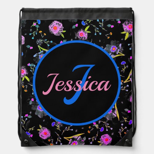 Floral Monogram Elegant     Drawstring Bag