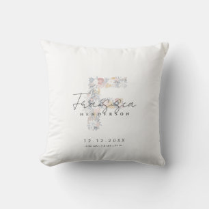 Floral Monogram F Baby Birth Stats Pink White Throw Pillow