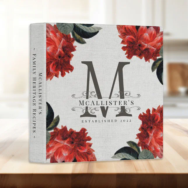 Floral Monogram Family Establish Linen Cookbook 3 Ring Binder
