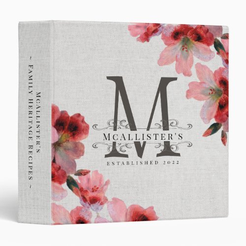 Floral Monogram Family Established Vintage Recipe 3 Ring Binder