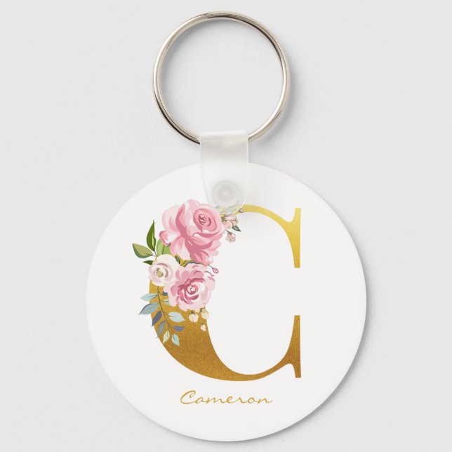 Floral Monogram Faux Gold Name Initial Personalize Keychain (Front)