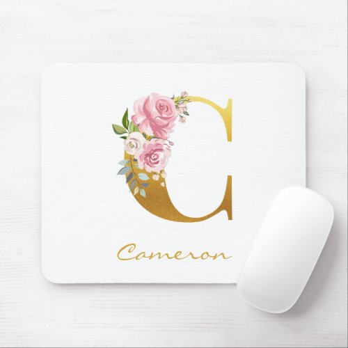 Floral Monogram Faux Gold Name Initial Personalize Mouse Pad