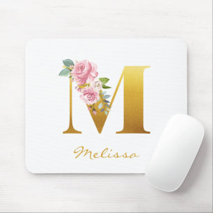 Floral Monogram Faux Gold Name Initial Personalize Mouse Pad