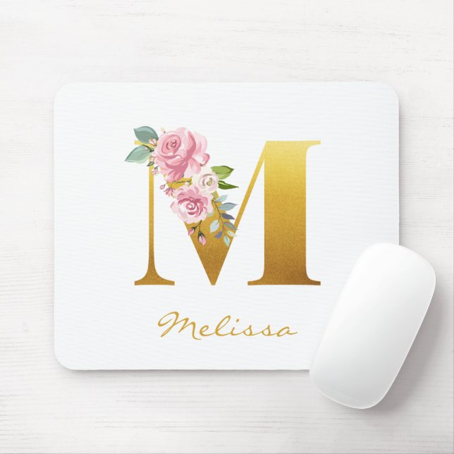 Floral Monogram Faux Gold Name Initial Personalize Mouse Pad (With Mouse)