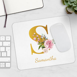 Floral Monogram Faux Gold Name Initial Personalize Mouse Pad