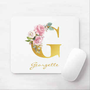 Floral Monogram Faux Gold Name Initial Personalize Mouse Pad
