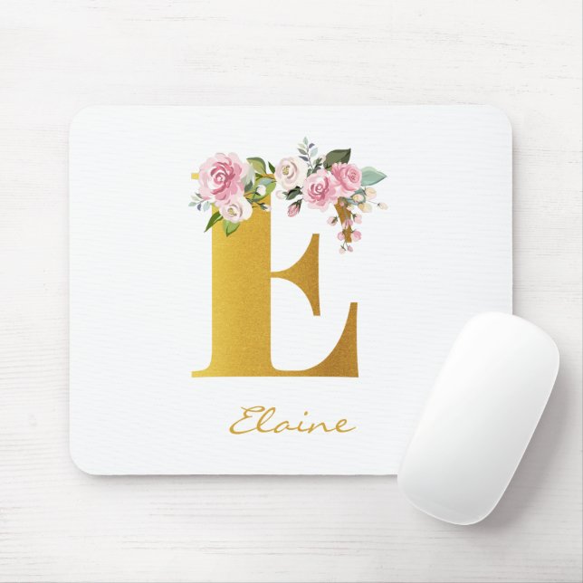 Floral Monogram Faux Gold Name Initial Personalize Mouse Pad (With Mouse)