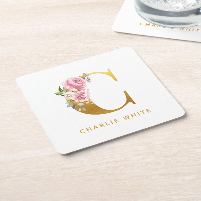 Floral Monogram Faux Gold Name Initial Personalize Square Paper Coaster (Angled)