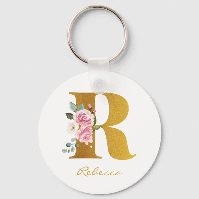 Floral Monogram Faux Gold Name Personalized Keychain (Front)
