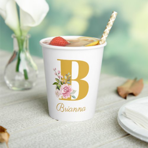 Floral Monogram Floral Custom Name Initial B Paper Paper Cups