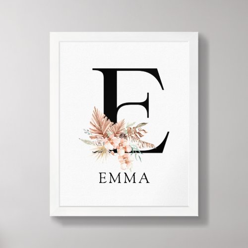 Floral Monogram Framed Art Letter E
