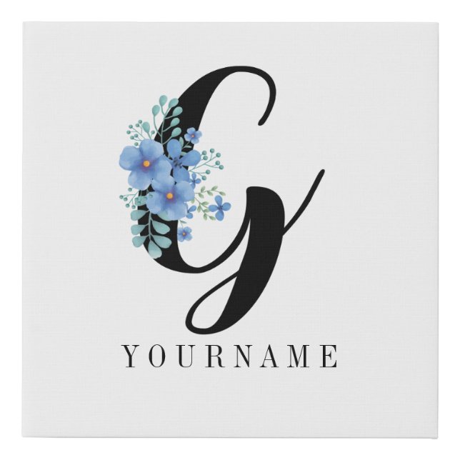 Floral Monogram G Blue Flower Burst Faux Canvas Print (Front)