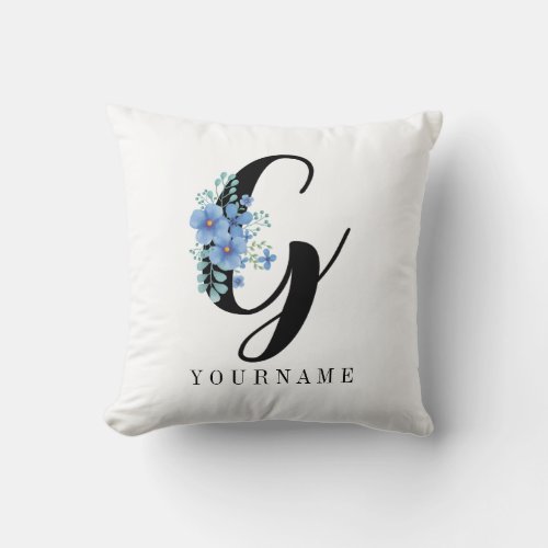 Floral Monogram G Blue Flower Burst Throw Pillow