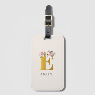 Floral Monogram Gold Effect Personalized Name Luggage Tag