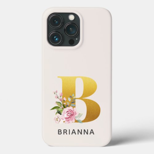 Floral Monogram Gold Letter B Personalized Name iPhone 13 Pro Case