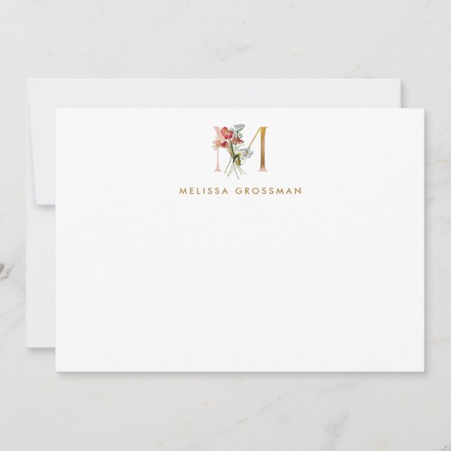 Floral Monogram Gold Letter M Note Card (Front)