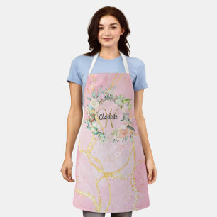 Floral Monogram Gold Script Pink Geode Agate Apron