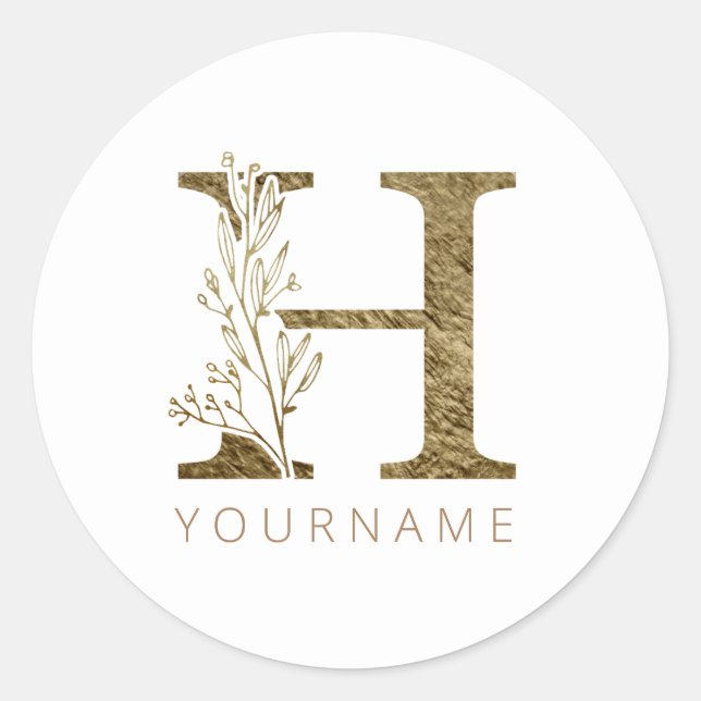 Floral Monogram H Elegant Gold Foliage Classic Round Sticker (Front)