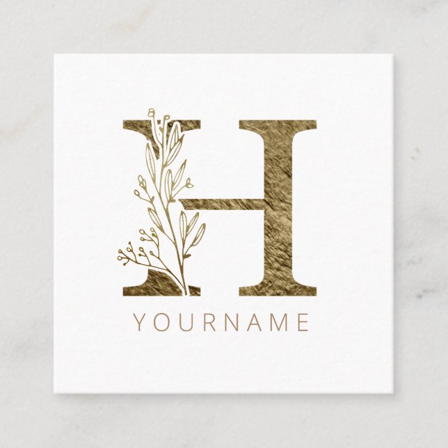 Floral Monogram H Elegant Gold Foliage Square Business Card (Front)