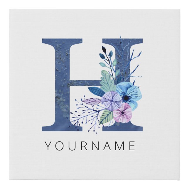 Floral Monogram H Winter Blue Blossoms Faux Canvas Print (Front)