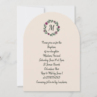 Floral monogram hand drawn vintage girl baptism invitation