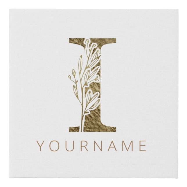 Floral Monogram I Elegant Gold Foliage Faux Canvas Print (Front)