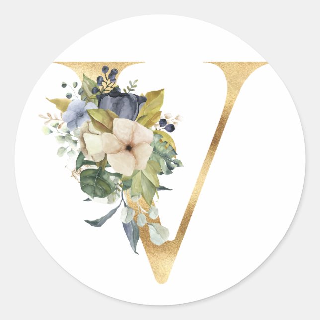 Floral monogram in gold Classic Round Sticker (Front)