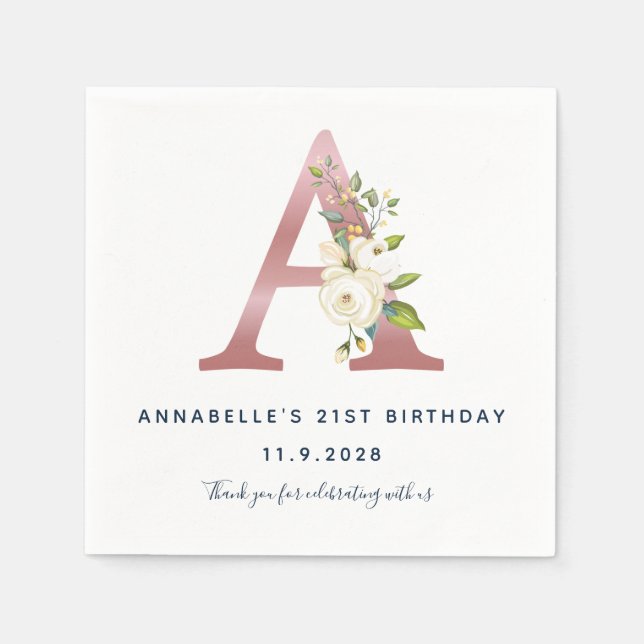 Floral Monogram Initial  21st Birthday Rose Gold Napkins (Front)
