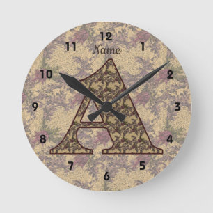 Floral Monogram Initial A Elegant Personalized Round Clock