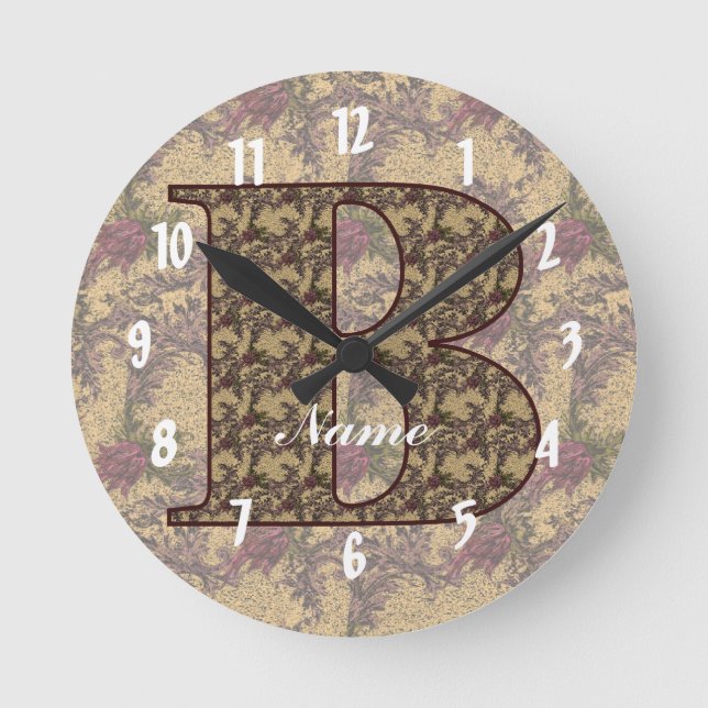 Floral Monogram Initial B Elegant Personalized   Round Clock (Front)