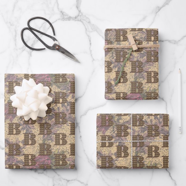 Floral Monogram Initial B Elegant       Wrapping Paper Sheets (Front)
