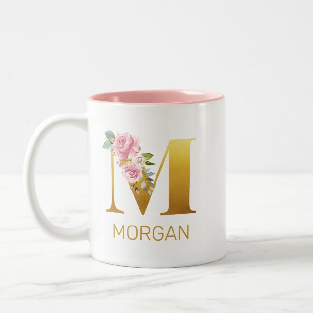 Floral Monogram Initial Botanical Personalized Two-Tone Coffee Mug (Left)