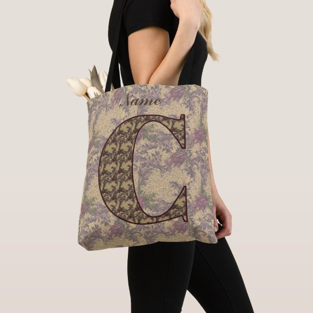 Floral Monogram Initial C Elegant Personalized Tote Bag (Close Up)