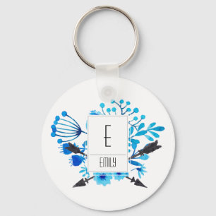 Floral Monogram Initial Keychain Aqua Blue Flowers