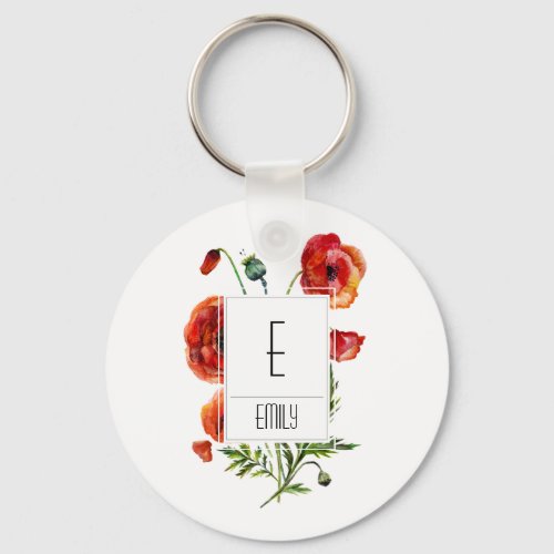 Floral Monogram Initial Keychain Red Poppy Flowers