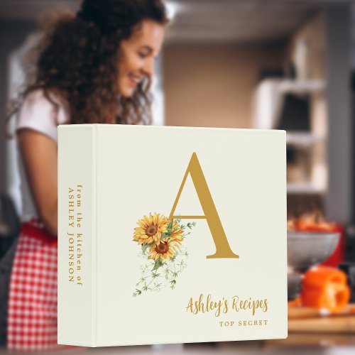 Floral monogram initial kitchen recipes cookbook 3 ring binder