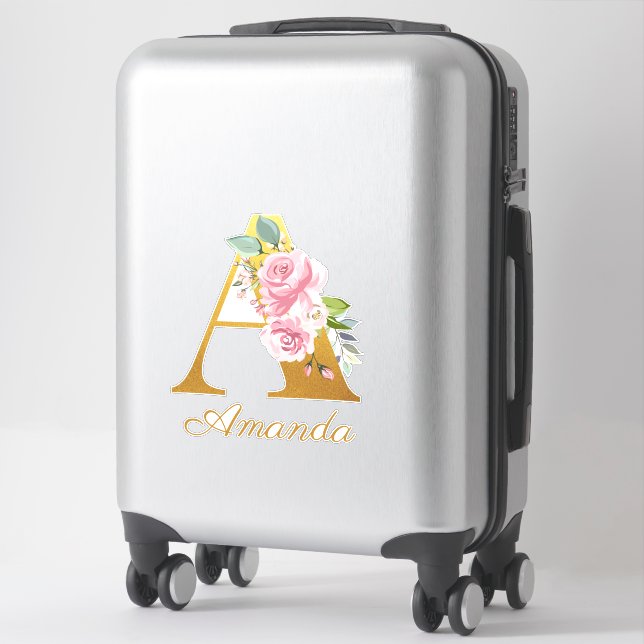 Floral Monogram Initial Letter A Custom Name Sticker (Suitcase)
