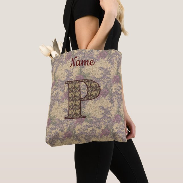 Floral Monogram Initial P Elegant Personalized Tote Bag (Close Up)