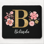 Floral Monogram Initial Pink Gold Letter B Mouse Pad<br><div class="desc">A beautiful, feminine monogrammed pink floral mouse pad, featuring pink flowers and a faux gold monogram letter B on a black background. Chic & elegant! Personalize the mouse pad by adding your name underneath the monogram. Makes a fun gift for a friend or for a bridesmaid gift. Designed for you...</div>