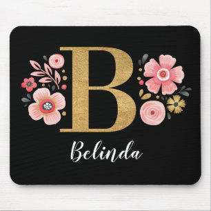 Floral Monogram Initial Pink Gold Letter B Mouse Pad