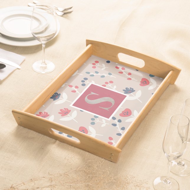 Floral Monogram Initial Red Blue Chic Stylish Serving Tray (Front)