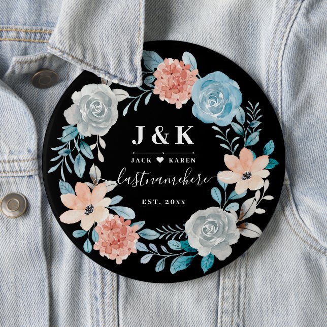 Floral Monogram Initials Custom Family Name Button (In Situ)