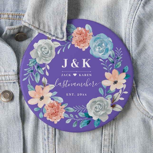 Floral Monogram Initials Custom Family Name Button (In Situ)