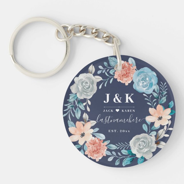 Floral Monogram Initials Custom Family Name Keychain (Front)