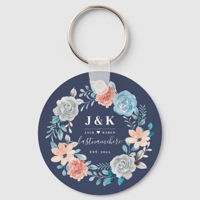 Floral Monogram Initials Custom Family Name  Keychain (Front)