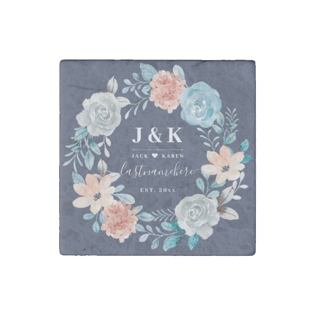Floral Monogram Initials Custom Family Name Stone Magnet (Front)