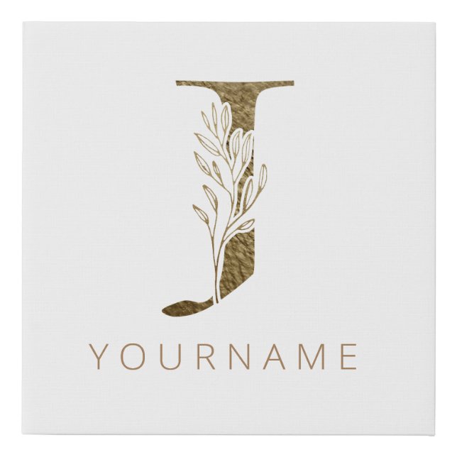 Floral Monogram J Elegant Gold Foliage Faux Canvas Print (Front)