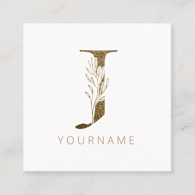 Floral Monogram J Elegant Gold Foliage Square Business Card (Front)
