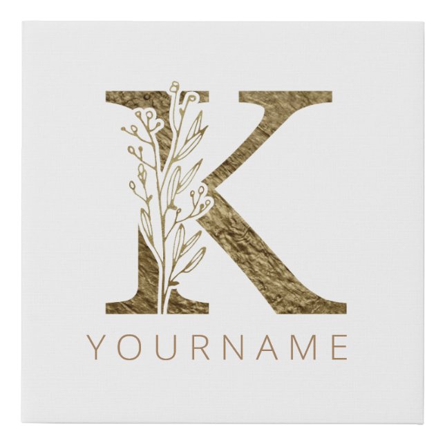 Floral Monogram K Elegant Gold Foliage Faux Canvas Print (Front)