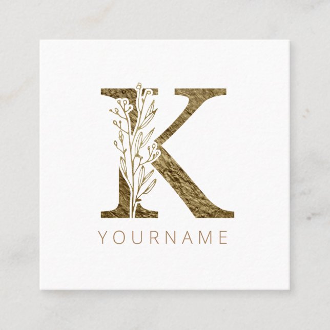 Floral Monogram K Elegant Gold Foliage Square Business Card (Front)